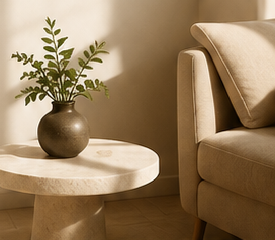 Intérieur chaleureux : canapé beige et plante verte sur une table basse en pierre